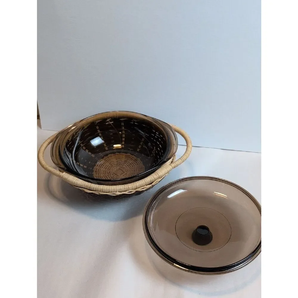 Vintage Pyrex Visions Amber Glass Covered Casserole with Woven Basket Carrier